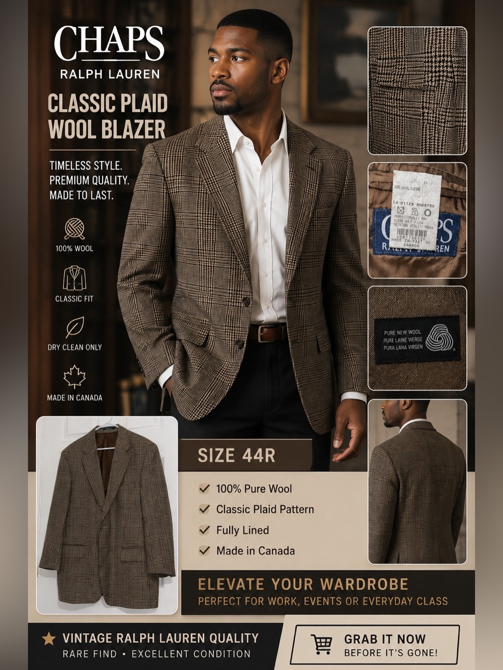 Ralph Lauren Chaps Men's Classic Plaid Wool Blazer - Brown size 44R